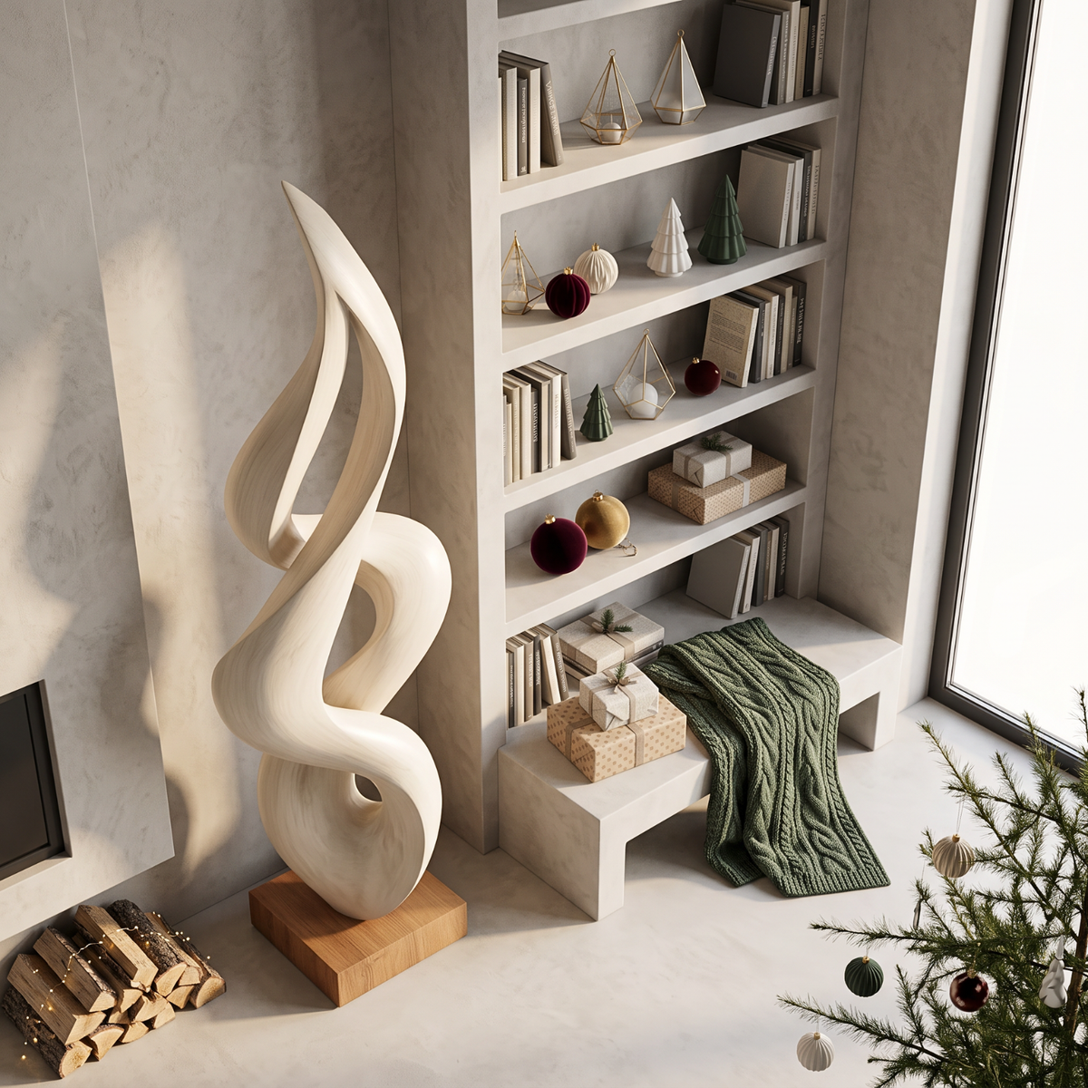 Handcrafted Abstract Twisted Solid Wood Sculpture for Modern Interior Decor