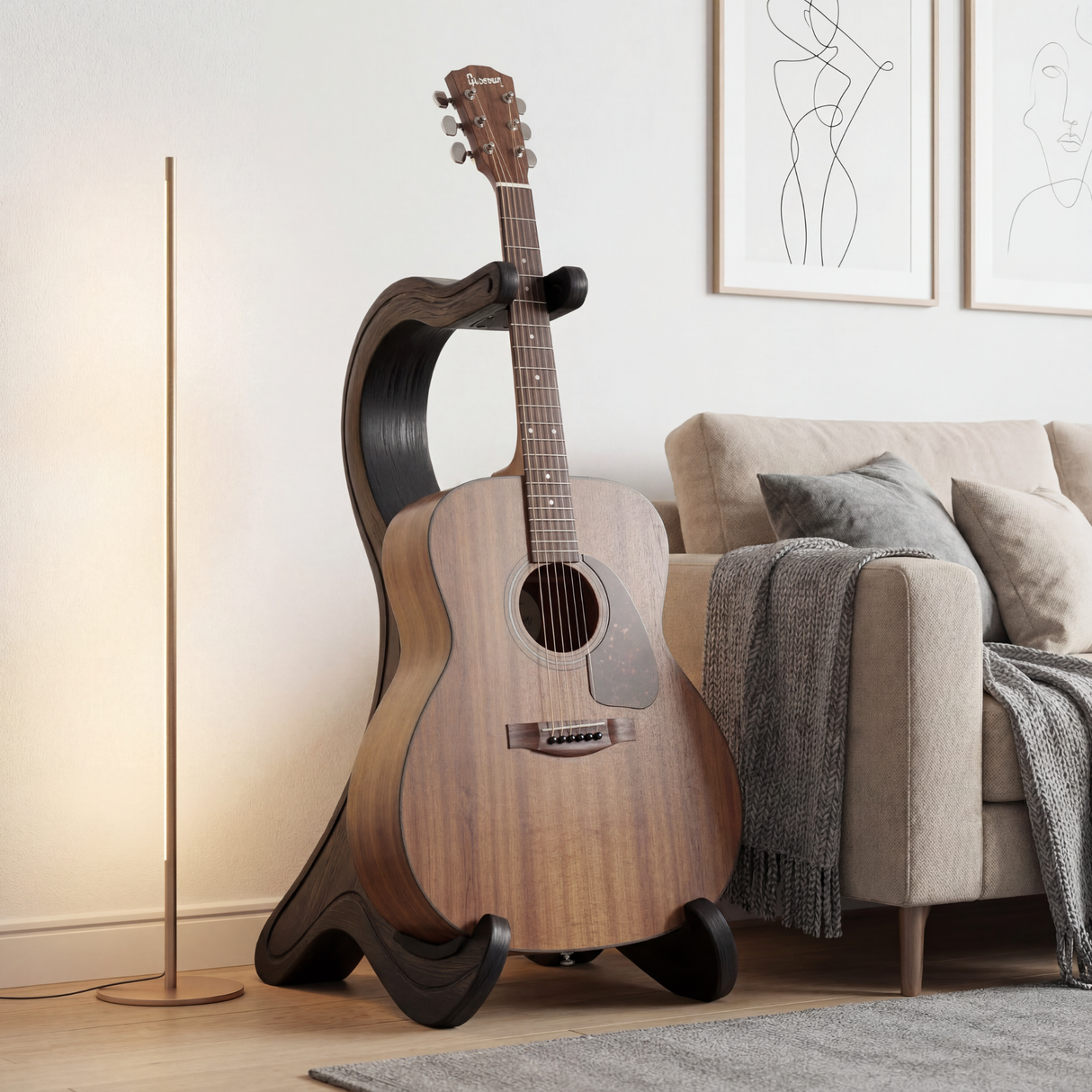 Sculptural Wooden Guitar Stand Modern Acoustic Display Holder