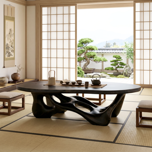 Solid Wood Coffee Table with Organic Openwork Base and Rounded Slab Top