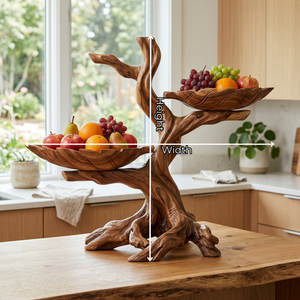 Solid Wood Sculptural Fruit Bowl with Twin Floating Trays and Branch Form Base
