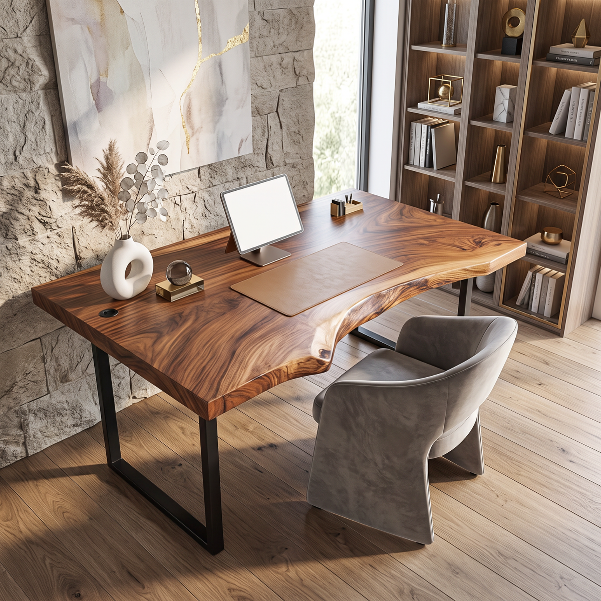 Live Edge Solid Wood Desk with Black Metal U Legs