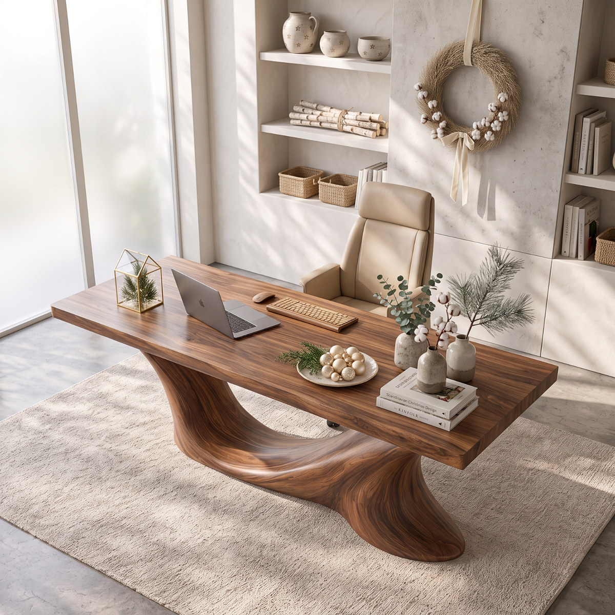 Handcrafted Solid Wood Executive Desk with Sculptural Wave Base