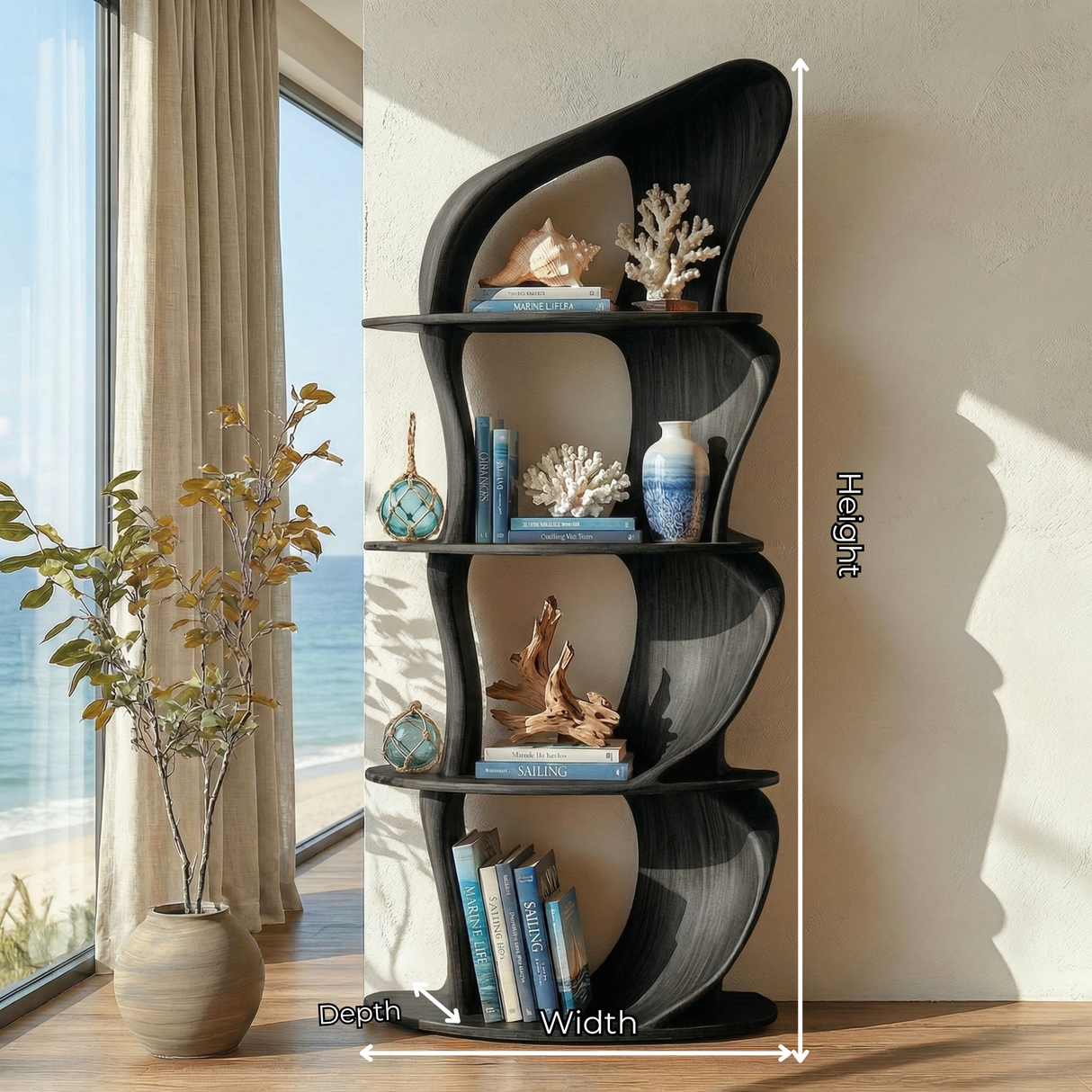 Solid Wood Sculptural Bookshelf with Asymmetrical Curves for Organic Modern Interiors