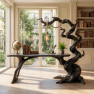 Twisted Tree Wood Desk With Hanging Lamp Organic Sculptural Office Table