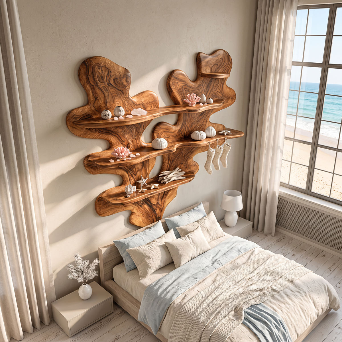 Sculptural Solid Wood Wall Shelf with Layered Organic Leaf Form