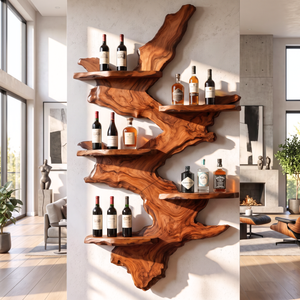 Wall Mounted Wine Rack Solid Wood with Sculptural Live Edge Slab and Floating Shelves