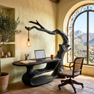 Sculptural Solid Wood Desk with Integrated Hanging Lamp, Organic Writing Table, Artistic Reading Nook Desk