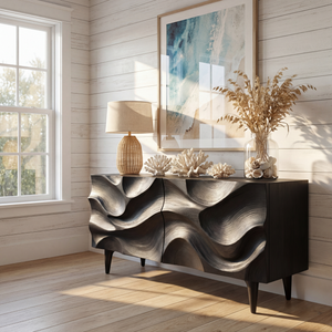 Sculpted Black Wave Front Wood Sideboard Cabinet for Living Room and Dining Room