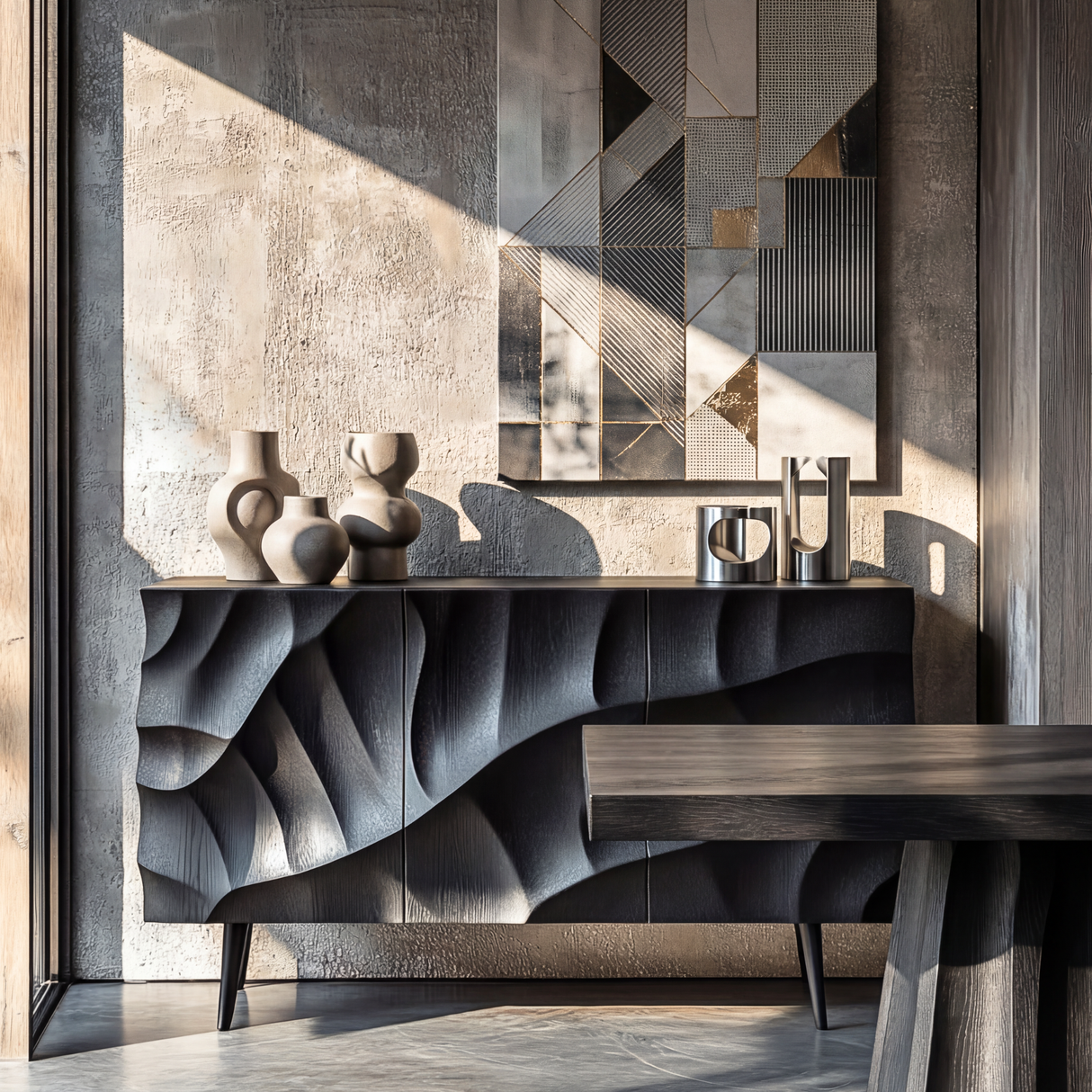 Black Sculpted Wave Front Sideboard for Modern Living and Dining