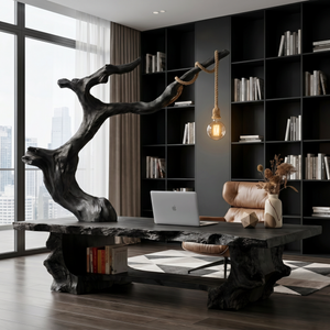 Solid Wood Sculptural Desk With Integrated Hanging Lamp Organic Modern Artistic Workspace Table