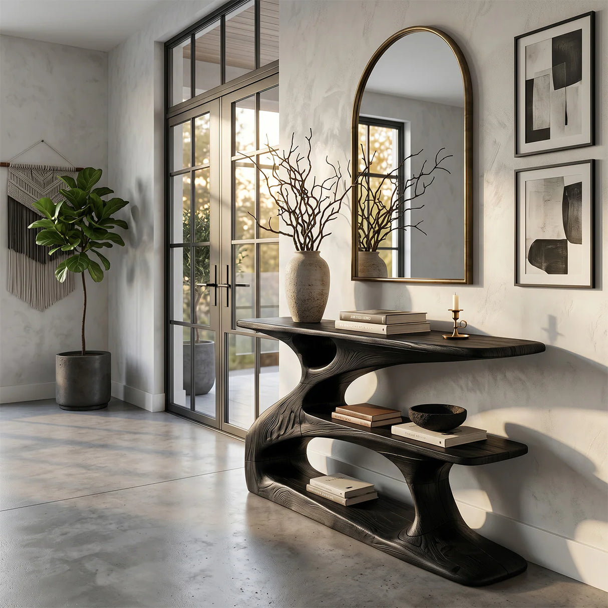 Sculptural Solid Wood Console with Integrated Shelf