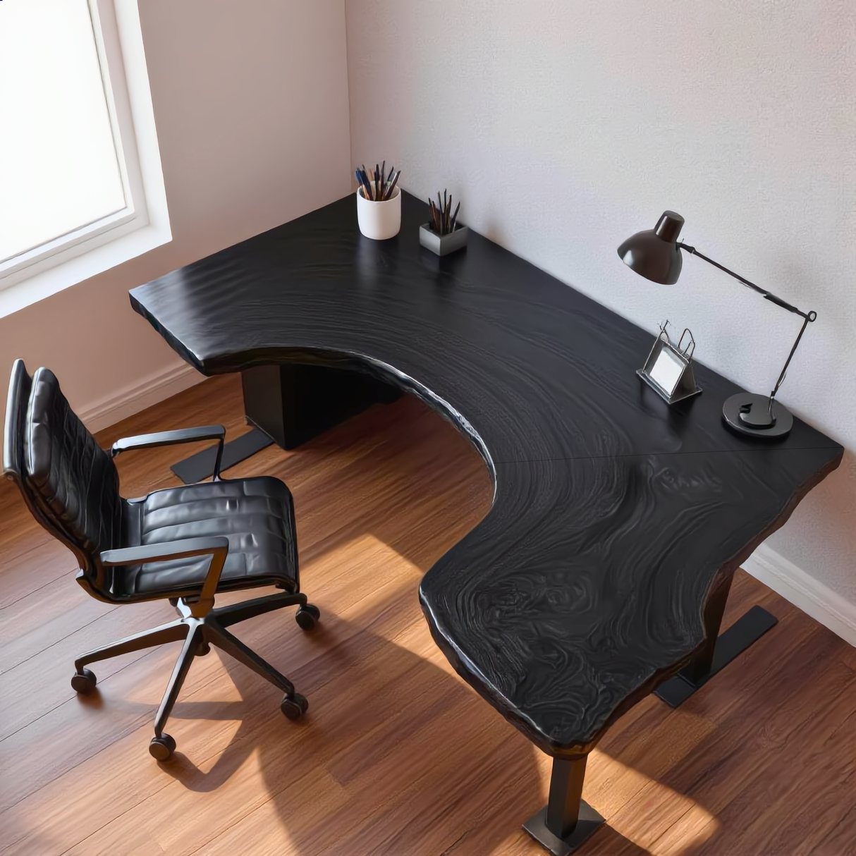 Live Edge Solid Wood Corner Desk with Sculptural Cutout Design