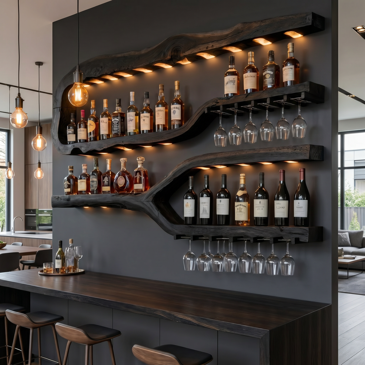 Luxury Solid Wood Wine Rack Wall Shelf With Glass Holder