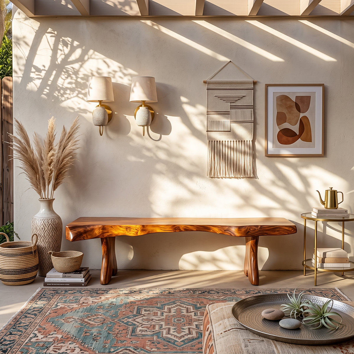 Natural Live Edge Wood Bench with Sculptural Solid Wood Legs