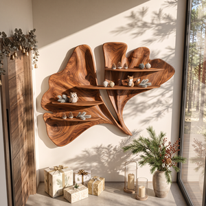 Sculptural Solid Wood Wall Shelf with Flowing Leaf Form and Floating Shelves