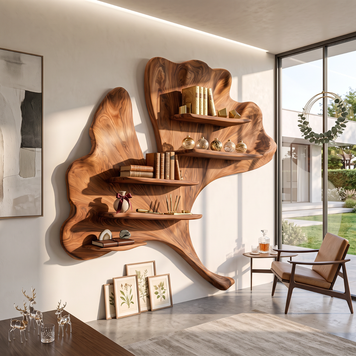 Ginkgo Leaf Solid Wood Wall Shelf with Sculptural Floating Shelves