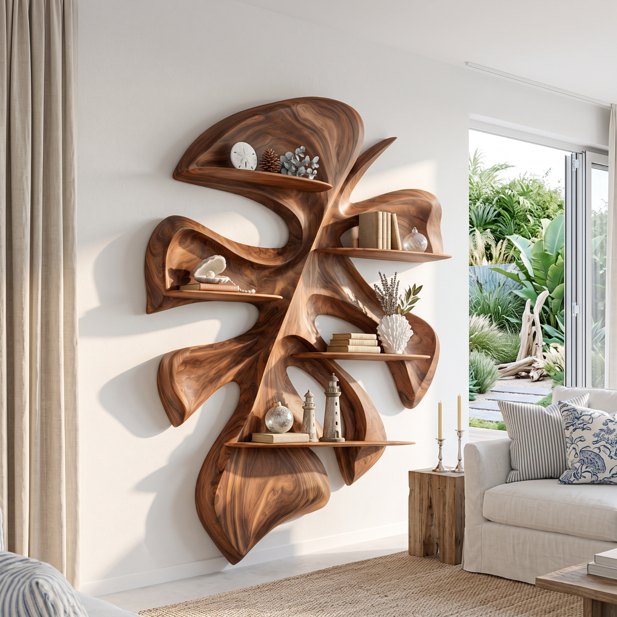 Tropical Leaf Solid Wood Wall Shelf with Sculptural Floating Display Shelves