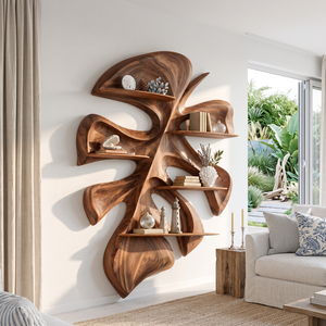 Tropical Leaf Solid Wood Wall Shelf with Sculptural Floating Display Shelves