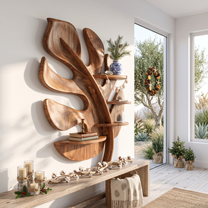 Tropical Leaf Solid Wood Wall Shelf with Sculptural Branch Display Design