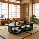 Rustic Solid Wood Coffee Table with Flowing Carved Base and Rounded Edge Top