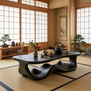 Rustic Solid Wood Coffee Table with Flowing Carved Base and Rounded Edge Top