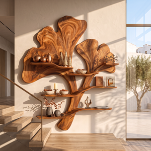 Sculptural Solid Wood Wall Shelf with Flowing Botanical Leaf Design