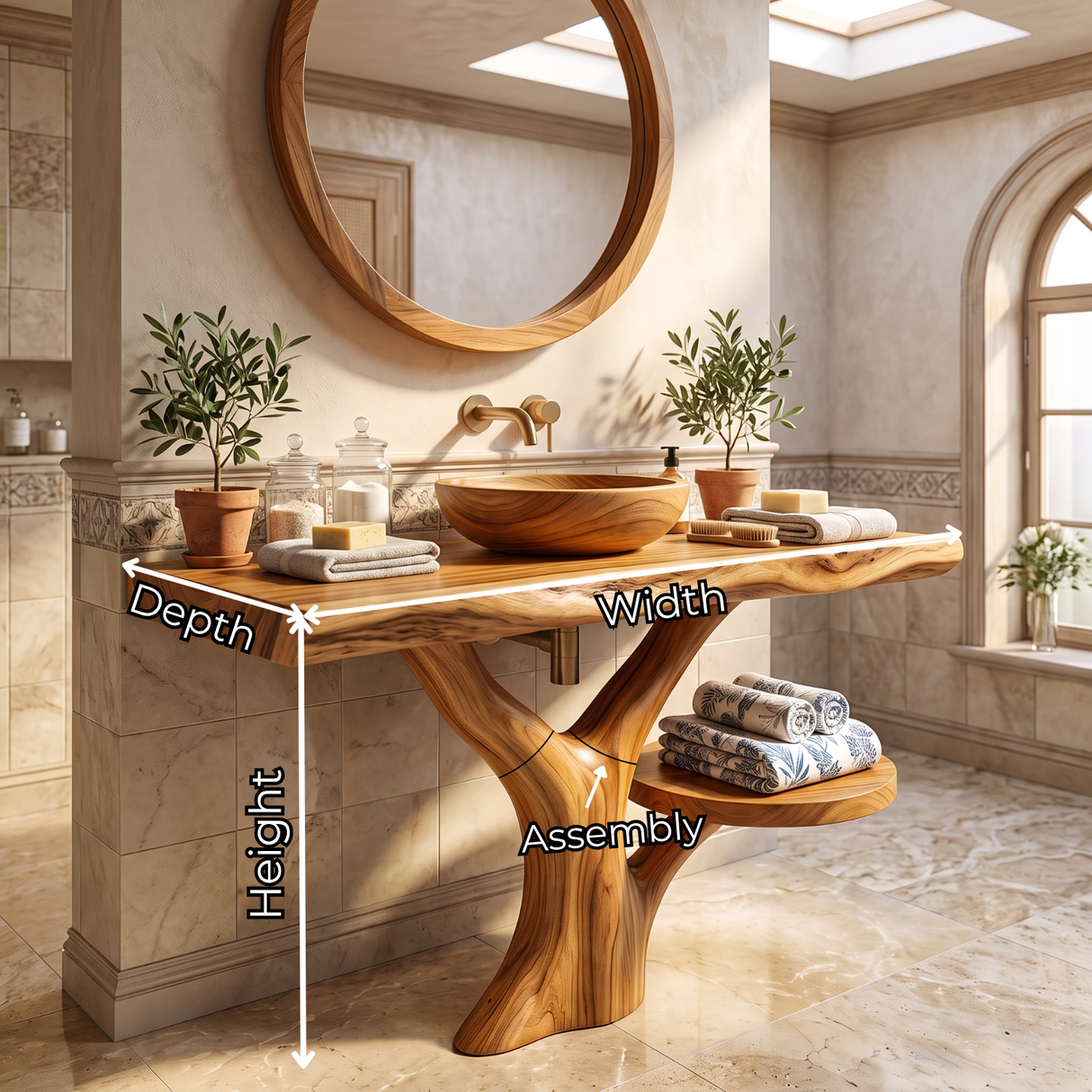 Bathroom Vanity Solid Wood with Tree Inspired Pedestal and Side Shelf for Spa Bathroom