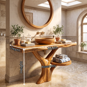 Bathroom Vanity Solid Wood with Tree Inspired Pedestal and Side Shelf for Spa Bathroom