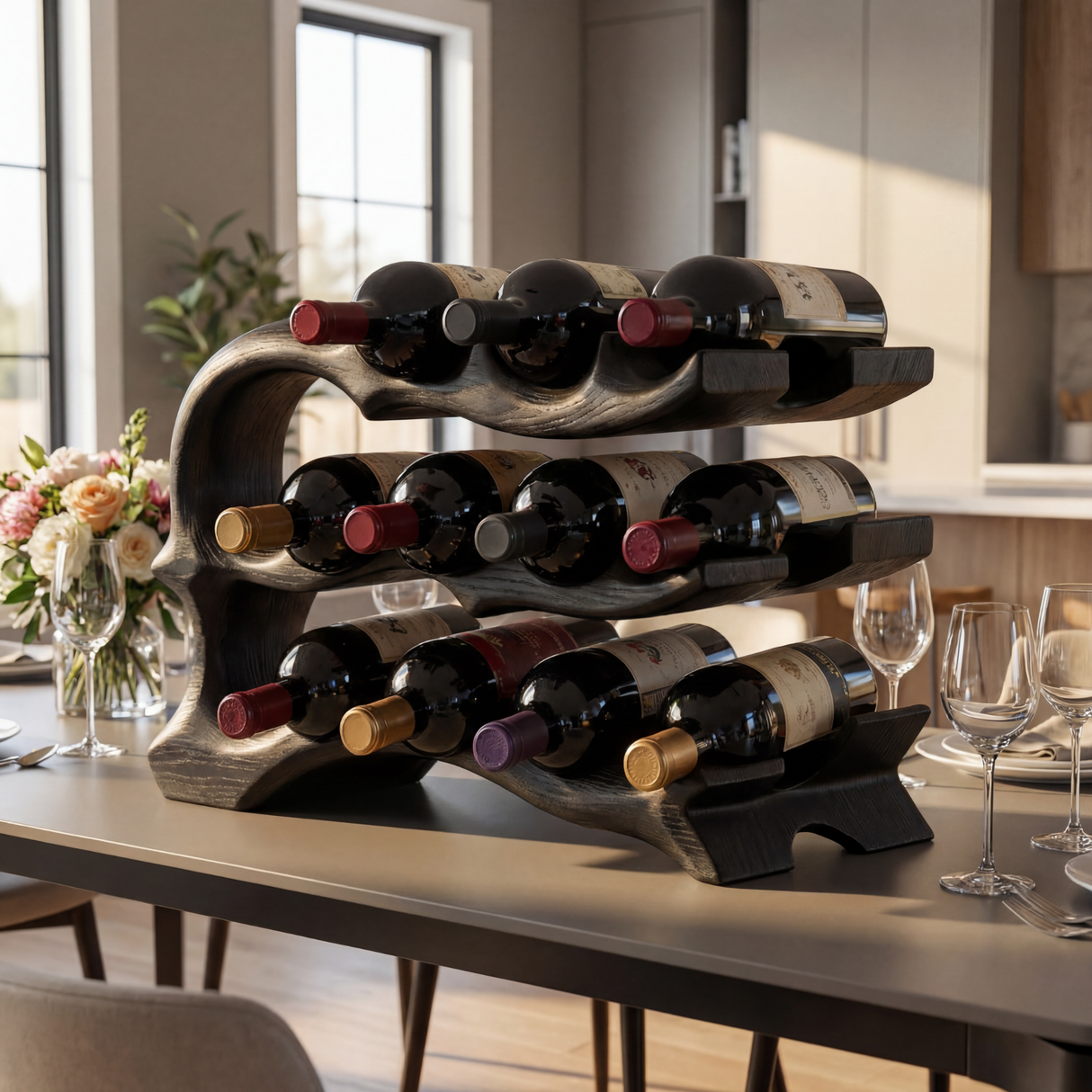 Solid Wood Wine Rack Sculptural Open Frame Bottle Holder Multi Tier Bar Display