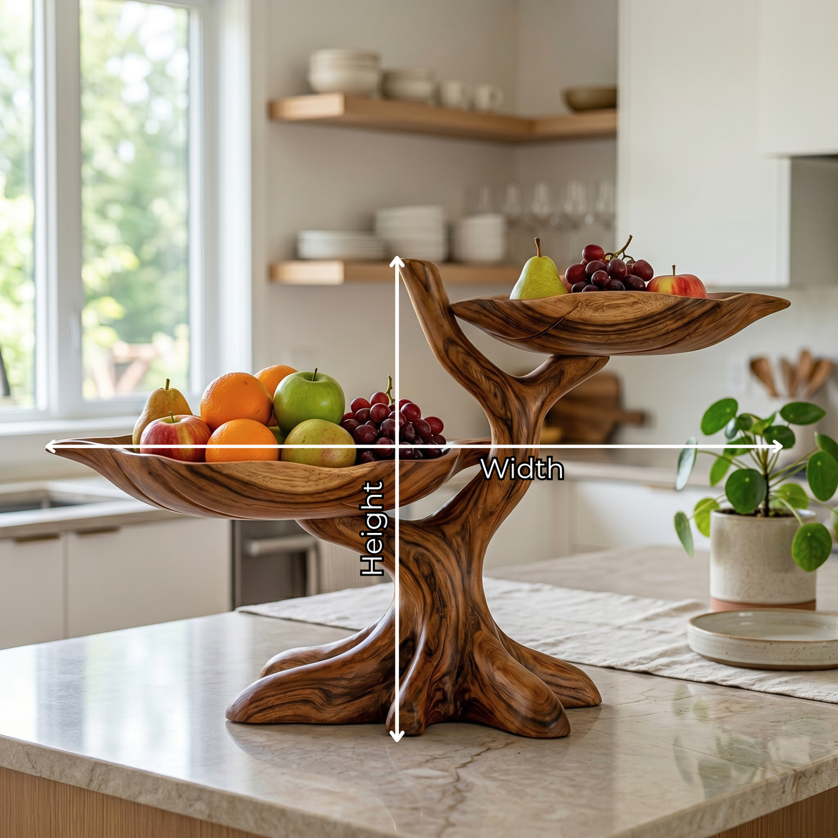 Solid Wood Branch Fruit Bowl Stand with Two Sculptural Display Trays