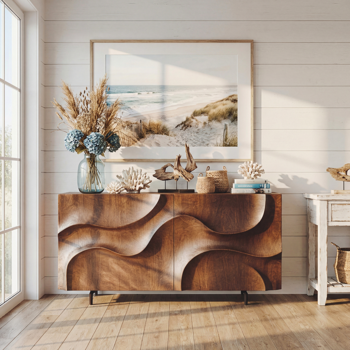 Sculpted Wavefront Solid Wood Sideboard for Modern Living and Dining Room