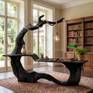 Handmade Organic Solid Wood Desk With Hanging Lamp Sculptural Modern Workspace Table