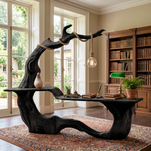 Handmade Organic Solid Wood Desk With Hanging Lamp Sculptural Modern Workspace Table
