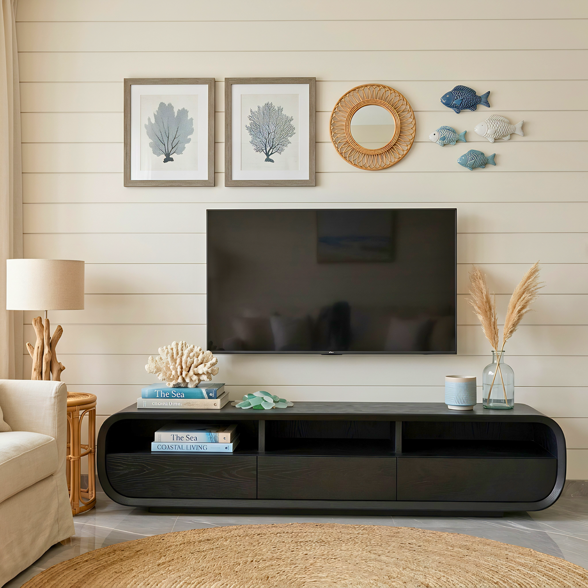 Solid Wood Entertainment Unit Curved Storage Media Console Organic Modern TV Cabinet