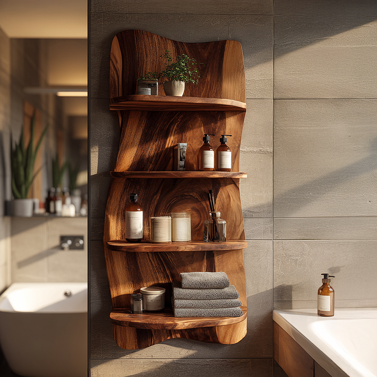 Live Edge Solid Wood Bathroom Wall Shelf