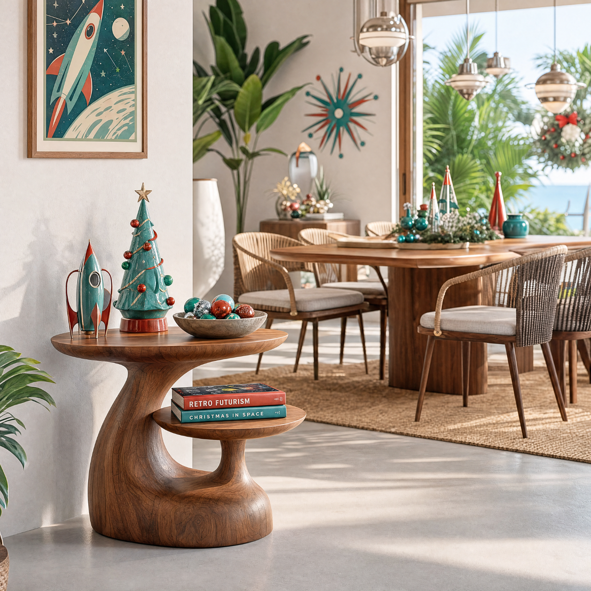 Handcrafted Solid Wood Side Table with Floating Shelf and Sculptural Curve Base