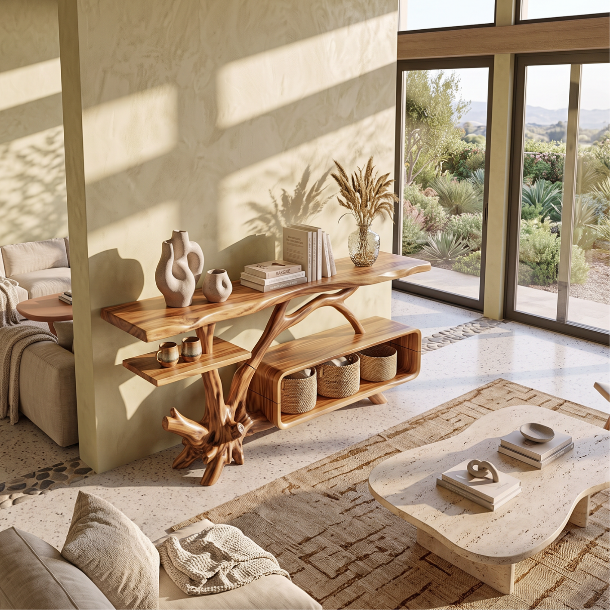 Console Table Solid Wood with Sculptural Branch Base and Open Storage Shelf