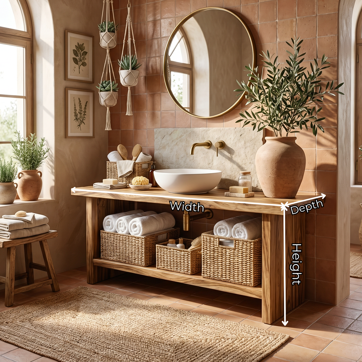 Rustic Solid Wood Bathroom Vanity with Open Shelf Storage
