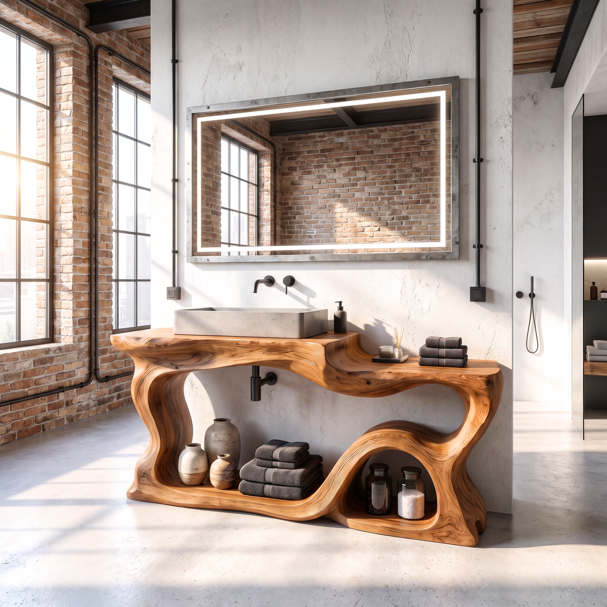 Bathroom Vanity Solid Wood with Sculptural Wave Frame and Open Storage