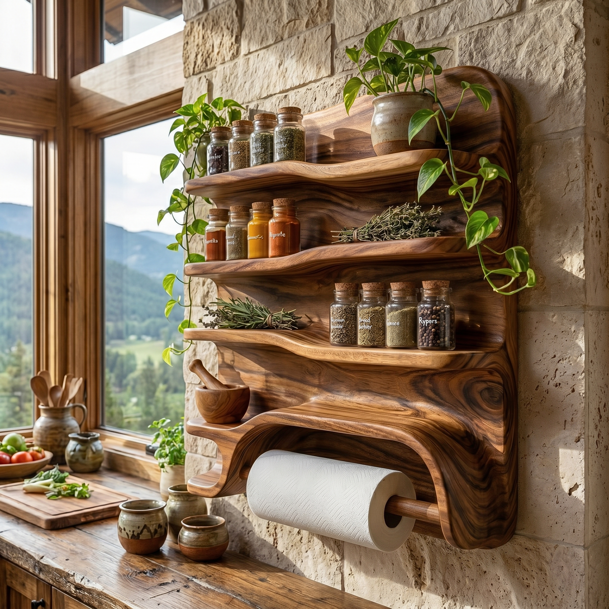 Handcrafted Solid Wood Spice Rack Shelf with Organic Edges and Paper Towel Holder