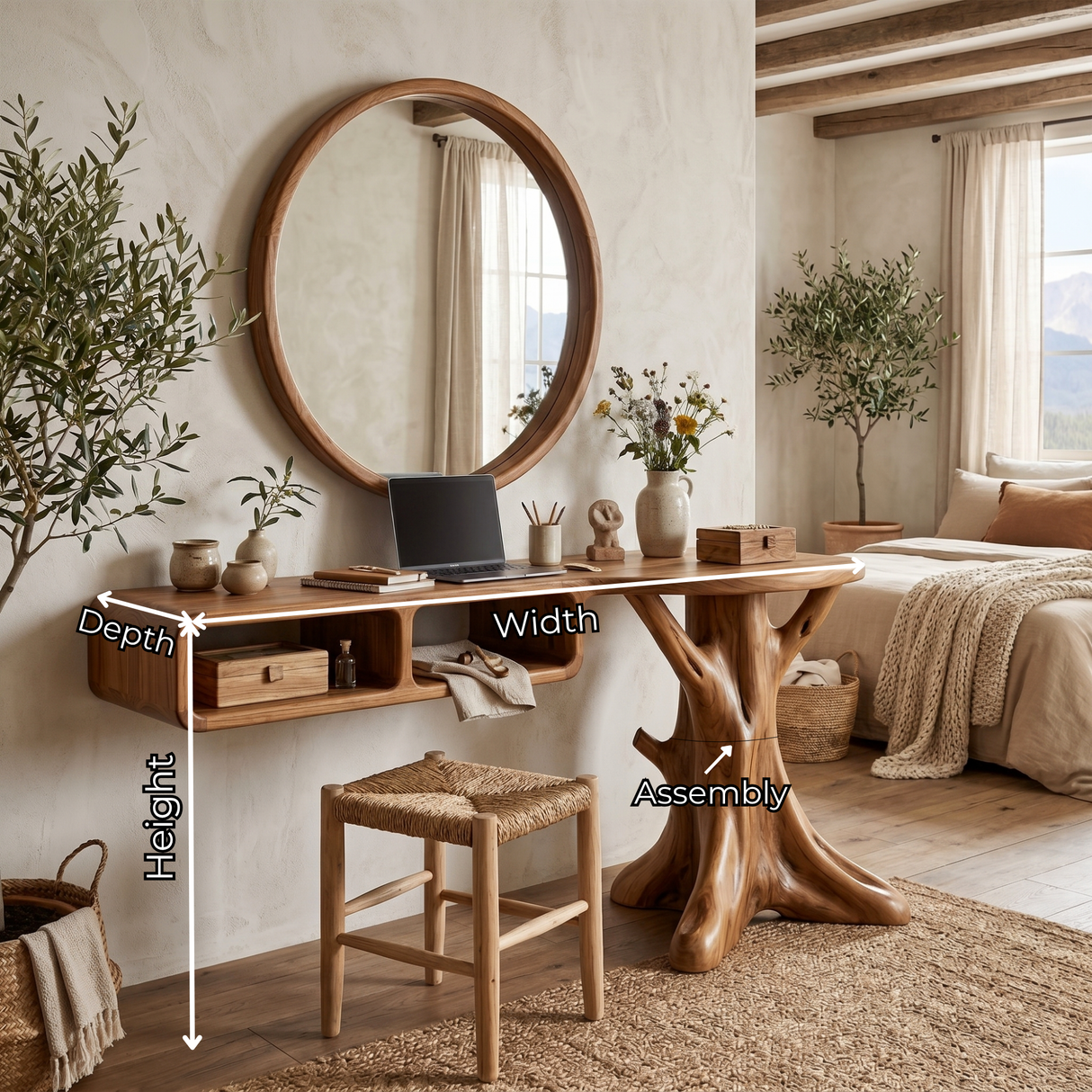Handcrafted Solid Wood Vanity Console with Rounded Cubbies and Organic Branch Base