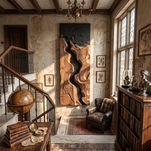 Abstract Solid Wood Wall Art with Freeform Canyon Relief and Dark Textured Background