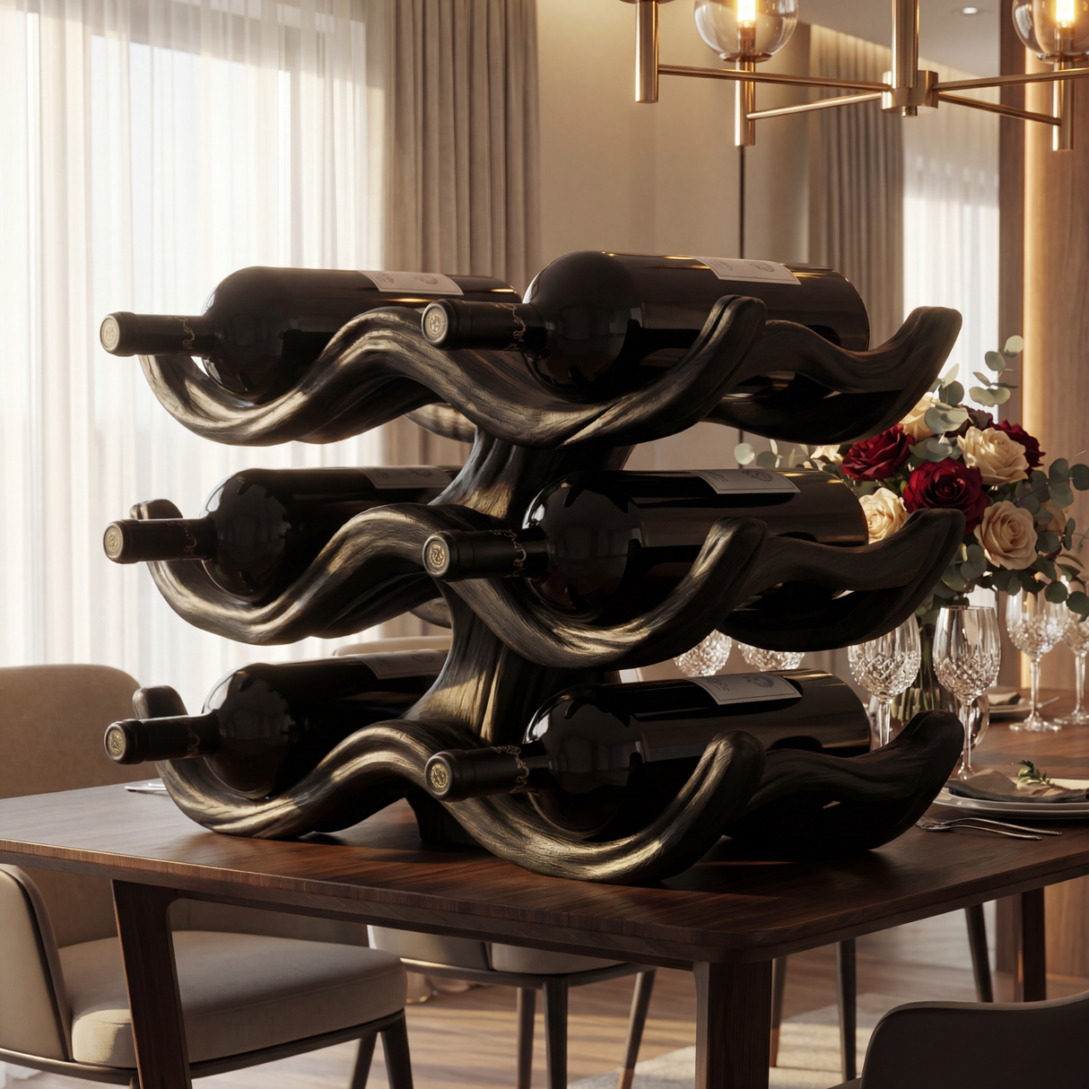 Sculptural Solid Wood Wine Rack Wave Form Bottle Holder Multi Layer Countertop Display