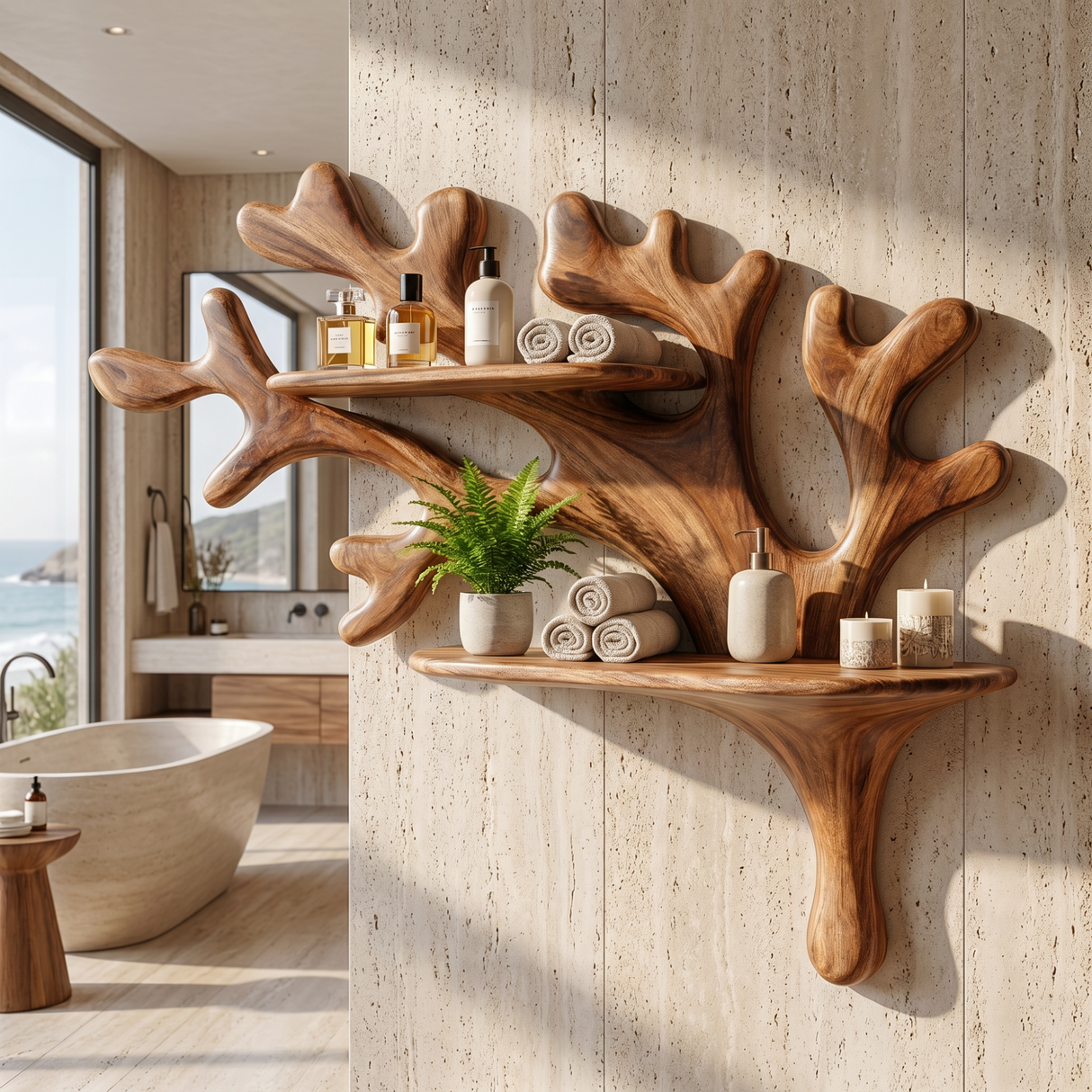 Handcrafted Solid Wood Coral Branch Wall Shelf for Bathroom Storage