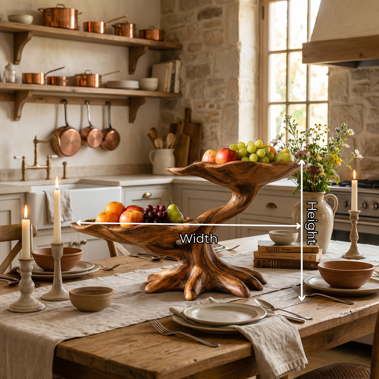 Sculptural Solid Wood Fruit Bowl with Two-Tier Organic Branch Base