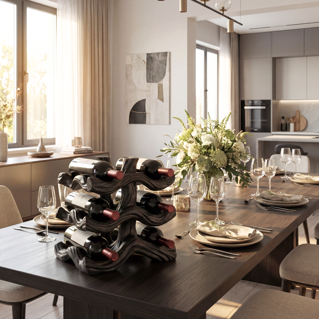 Sculptural Solid Wood Wine Rack with Flowing Wave Form Tiered Bottle Holder Tabletop Storage