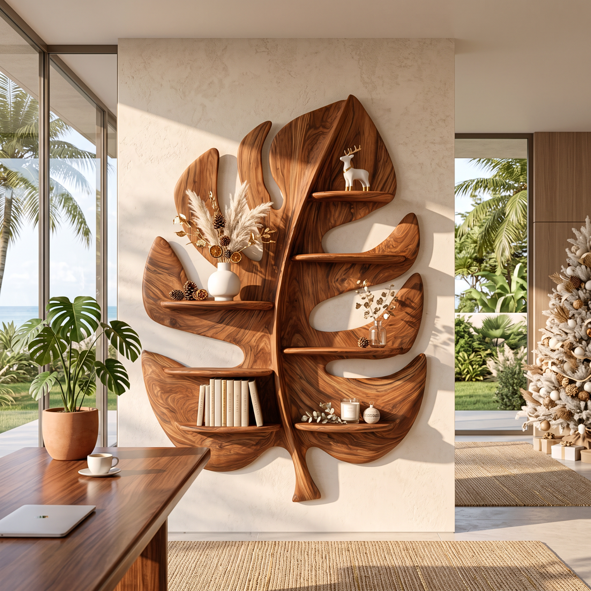 Tropical Leaf Solid Wood Wall Shelf with Organic Sculptural Display Shelves