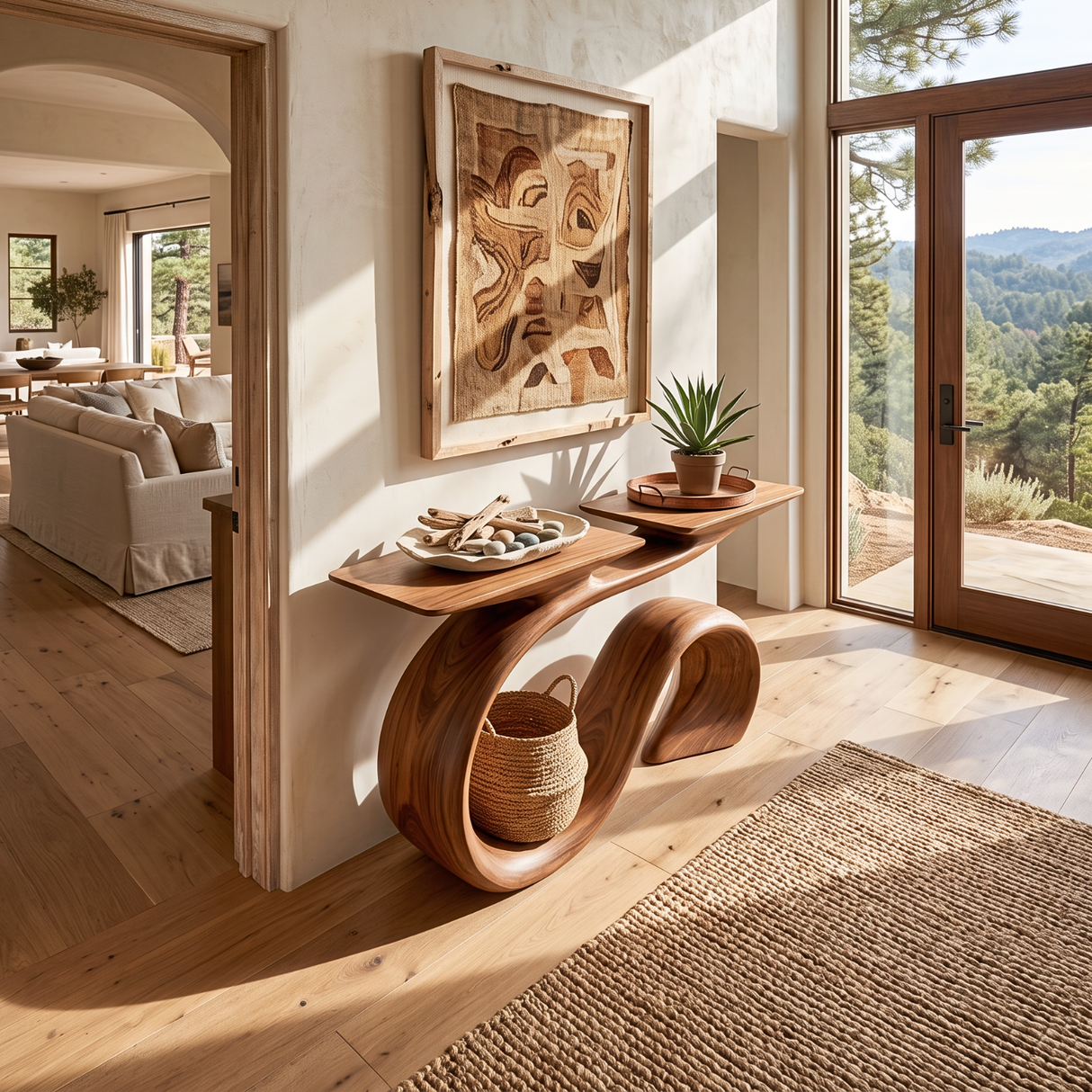 Organic Solid Wood Console Table with Sculptural Wave Base and Flowing S Curve Design