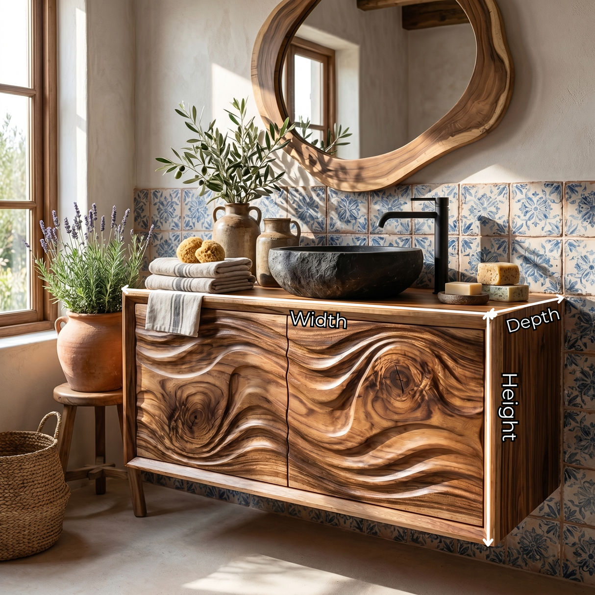 Artisan Solid Wood Bathroom Vanity with Hand Carved Wave Front