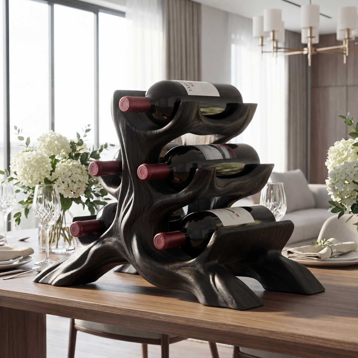 Sculptural Solid Wood Wine Rack Organic Branch Form Compact Tabletop Bottle Holder Display